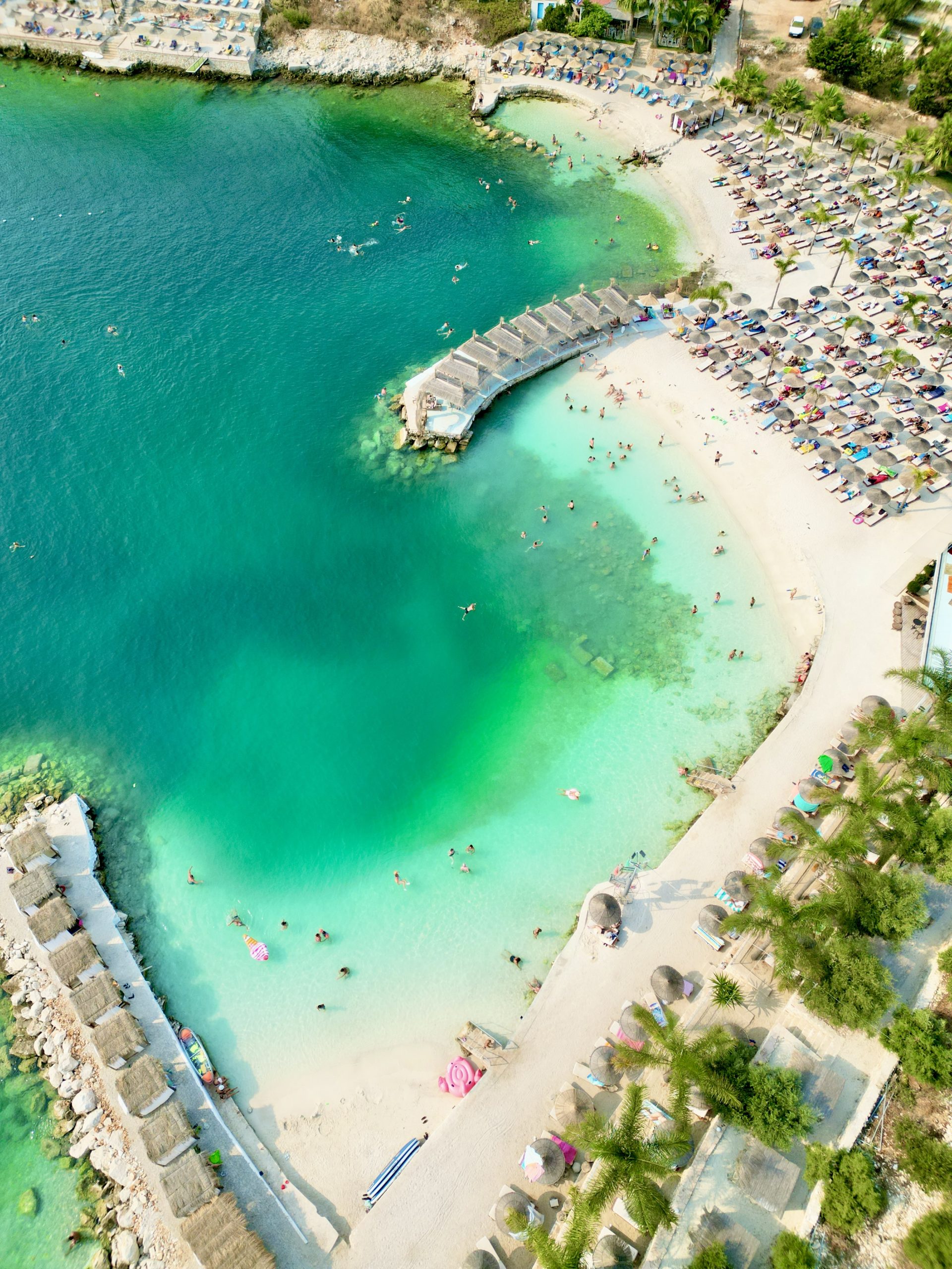 Aerial view of Mucobega private beach in Saranda, Albania
